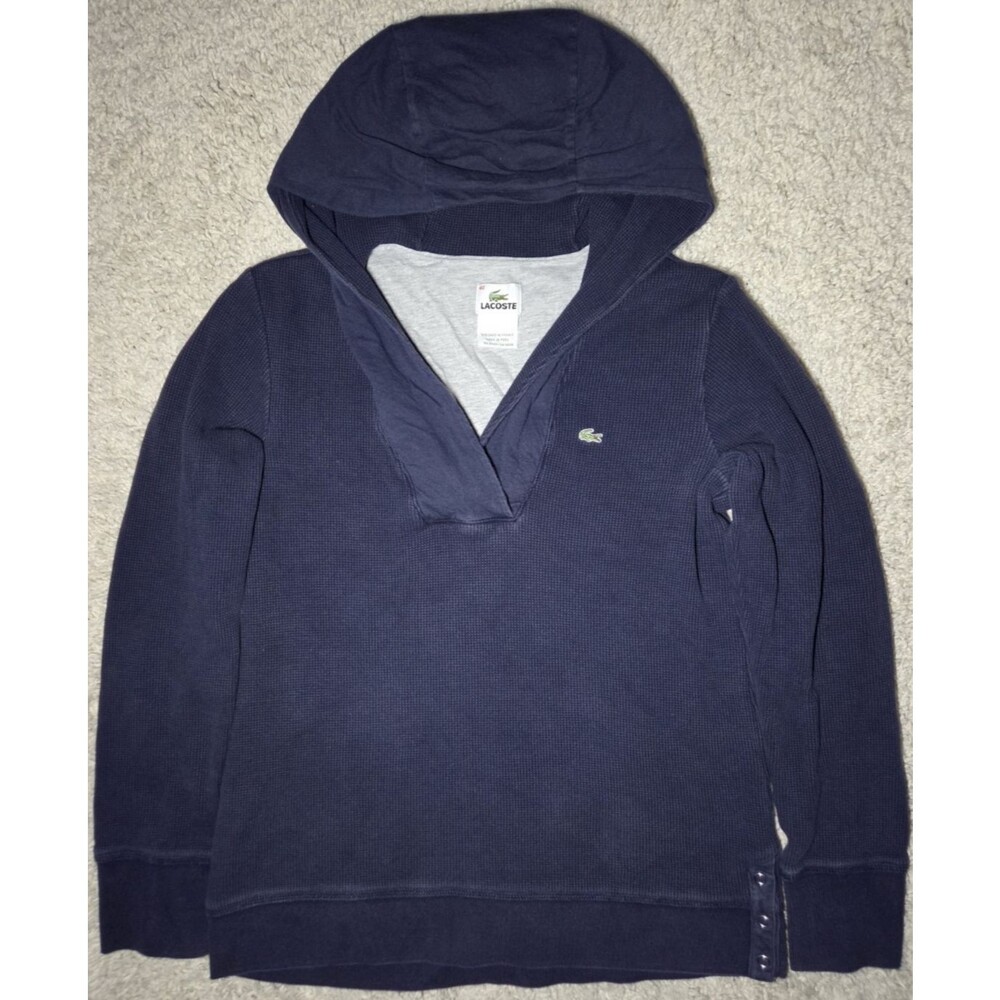 Lacoste Hooded Waffle Knit Pullover Sweater Blue Women’s 40 Medium